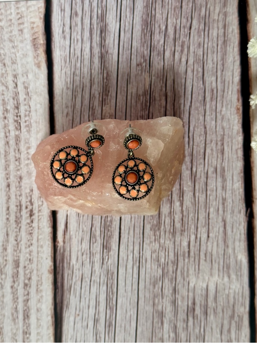Vintage-Inspired Coral Orange Filigree Drop Earrings
